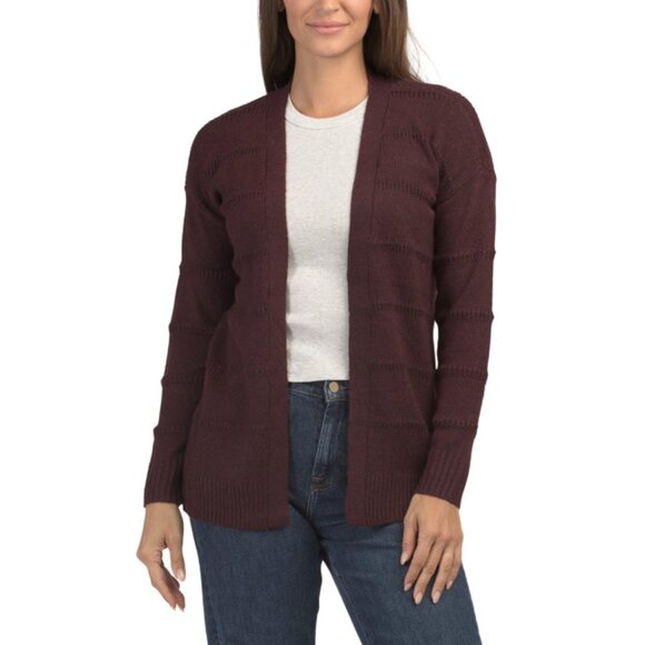 VERVE AMI Deep Garnet Waffle Stripe Stitch Open Front Cardigan - Picture 1 of 2